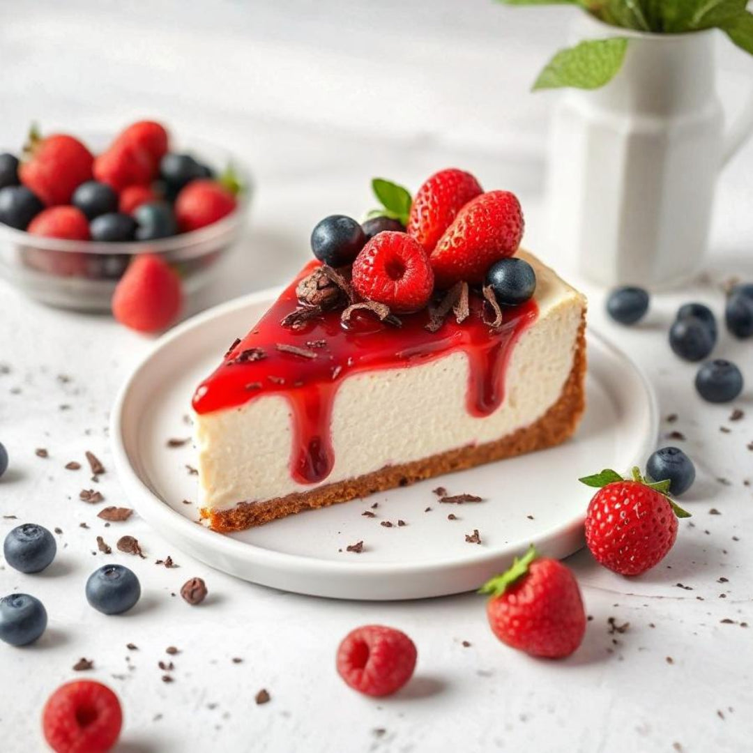 no bake creamy cheesecake using heavy cream powder with fruits on the top such as blueberries and strawberries