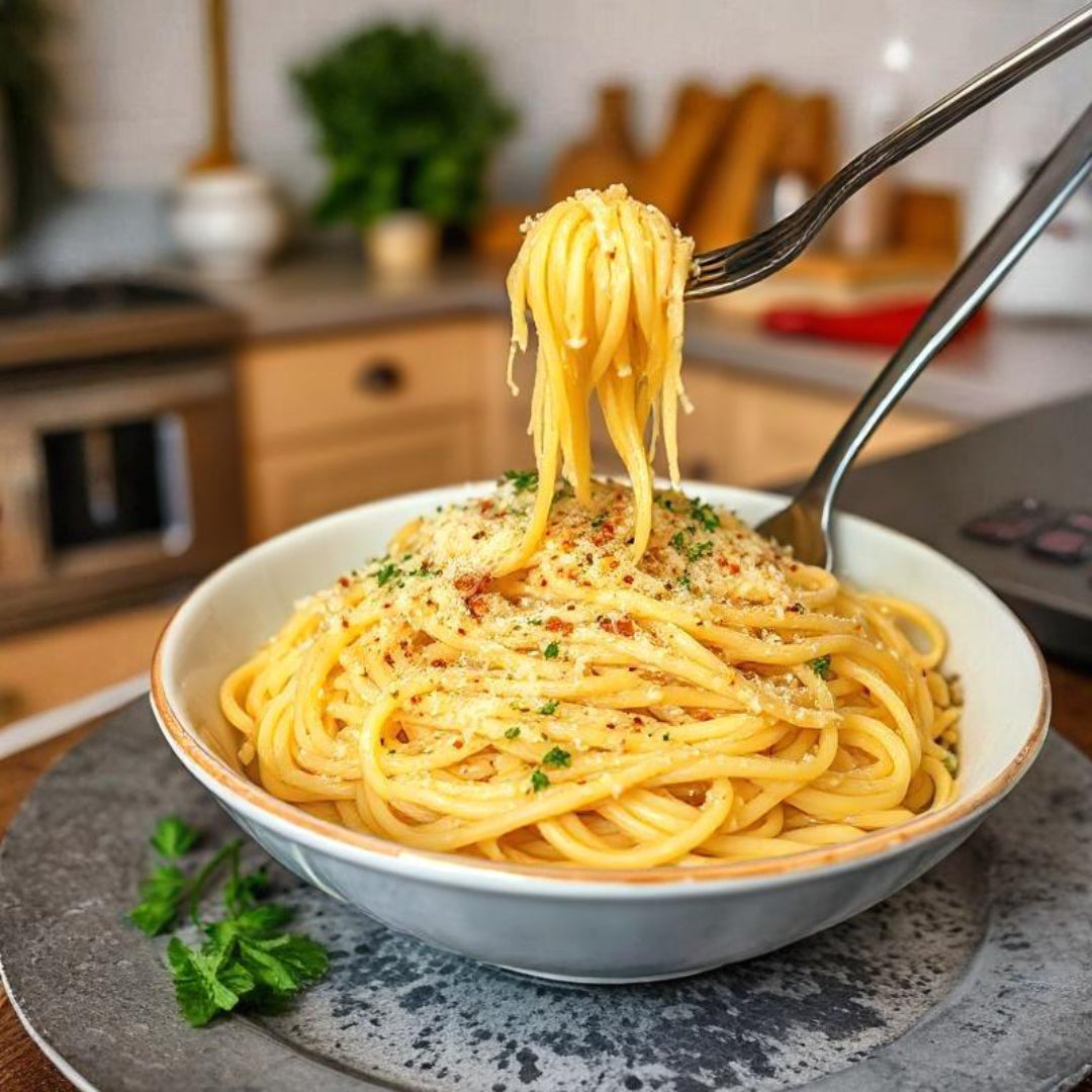 garlic parmesan pasta using Healthier Comforts Organic Parmesan Cheese Powder