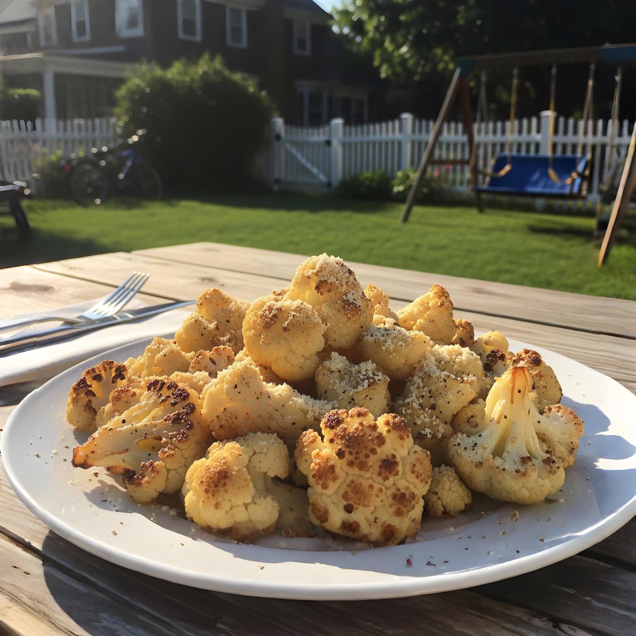 Roasted Cauliflower tossed with olive oil and organic white cheddar cheese powder